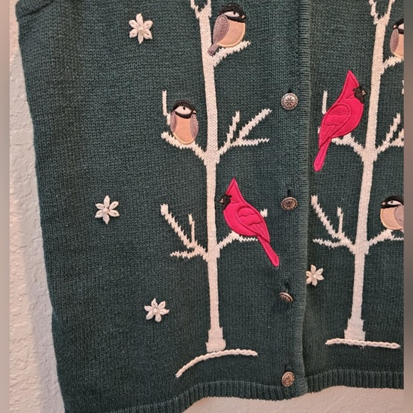 Southern Lady Knit Sweater Vest Size L Green Button up Birds Cardinal Grannycore - Picture 2 of 6